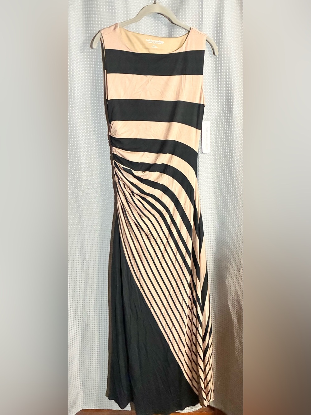 Soft Surroundings XS Black & Brown Striped Maxi Dress Jersey Knit Ruched